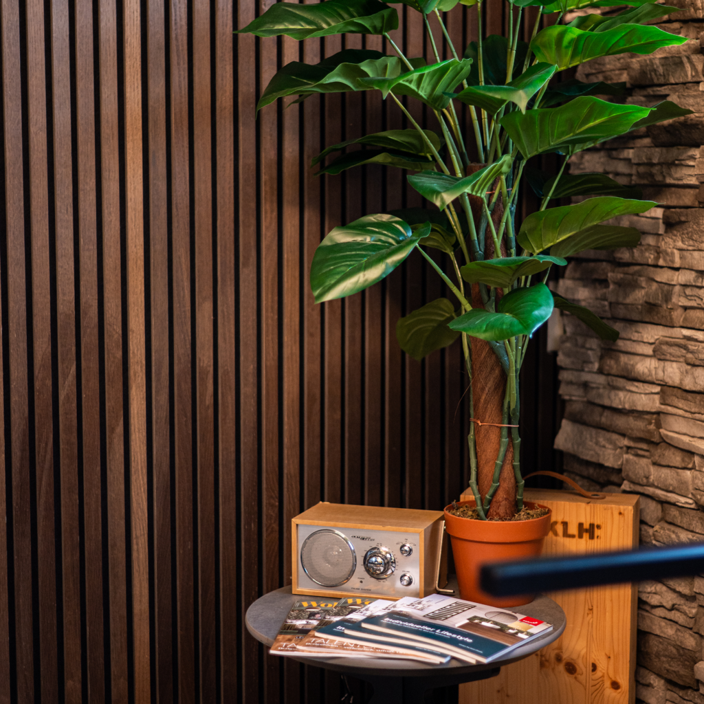 Moderne Wandgestaltung mit Holzpaneelen und Naturstein bei MABELA Fliesen und Handels GmbH – stilvolle Innenraumlösungen im Schauraum.