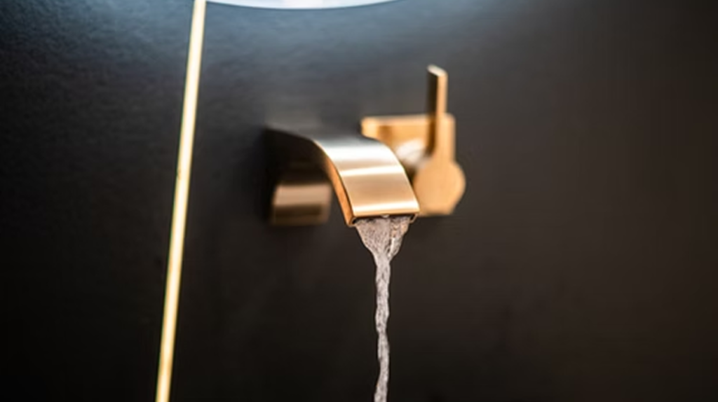 Moderne Design-Armatur in Goldoptik von MABELA Fliesen und Handels GmbH – stilvolle Badgestaltung mit hochwertigen Sanitärlösungen.